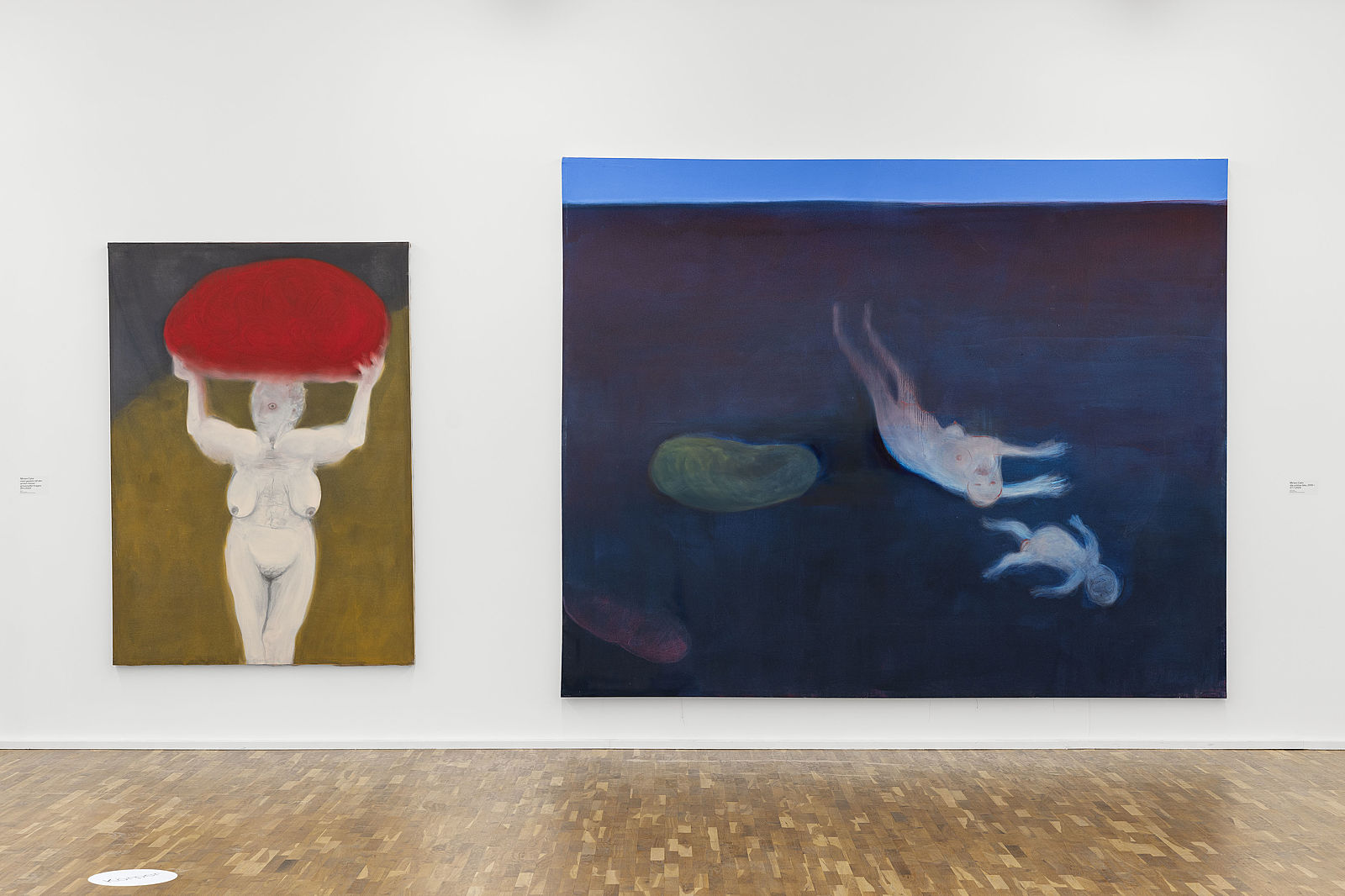 <p>Exhibition view, Shortcuts, works by Miriam Cahn, mein gepäck mit den armen meiner grossmutter tragen, 20.1.2022, 2022, das schöne blau, 2019 + 27.7.2020, 2019-2020, Lambrecht-Schadeberg Collection, Courtesy the artist, photo: Philipp Ottendörfer</p>