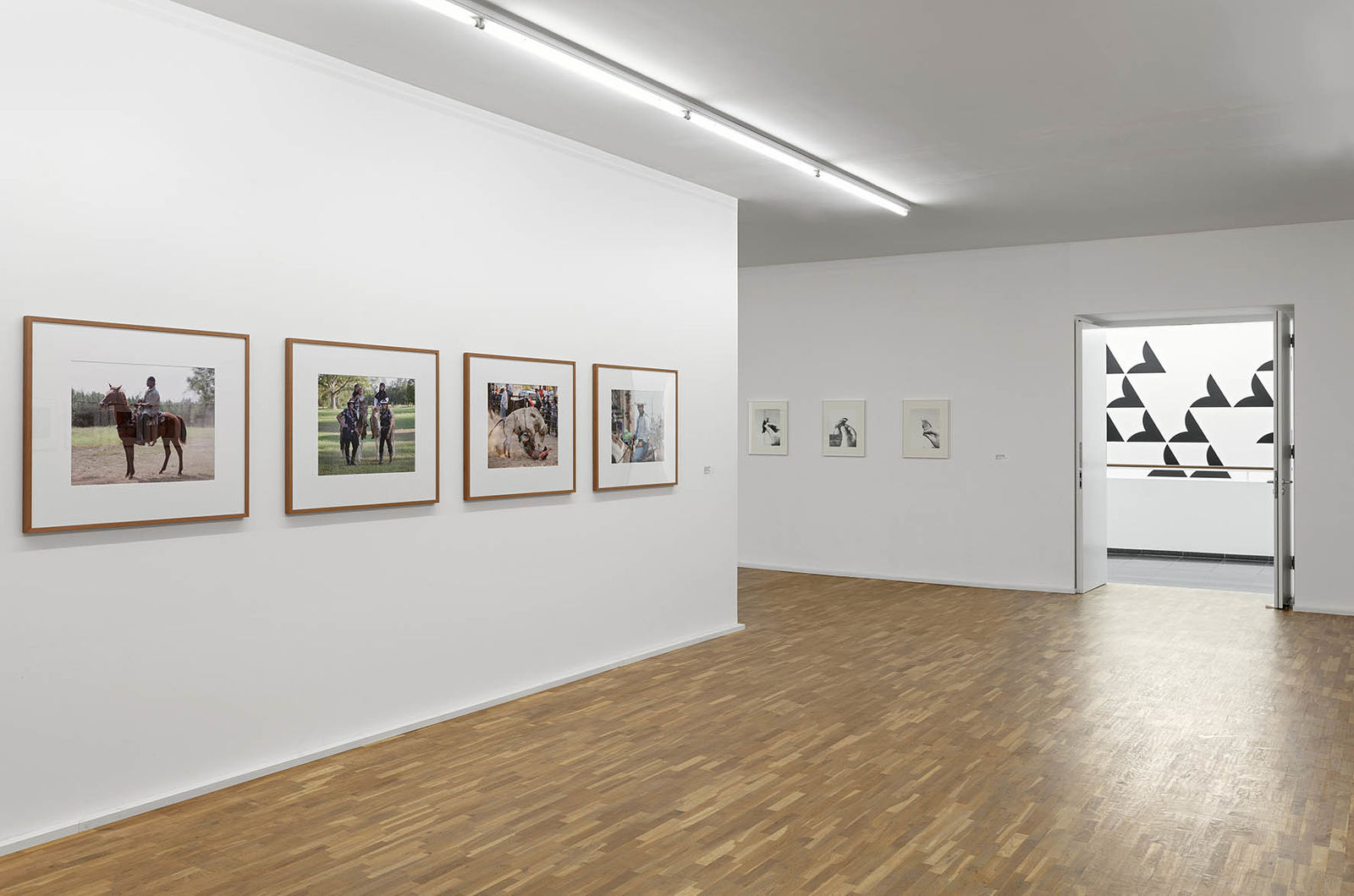 <p>Our Present, Exhibition view, MGKSiegen, Works by Andrea Robbins/Max Becher, Black Cowboys, 2009-2015, Courtesy the artists, Works by Jochen Lempert, Vogel in der Hand, 1998, © VG Bild-Kunst, Bonn 2020, Work by Bridget Riley, Quiver, 2014, Courtesy the artist, Photo: Philipp Ottendörfer</p>
