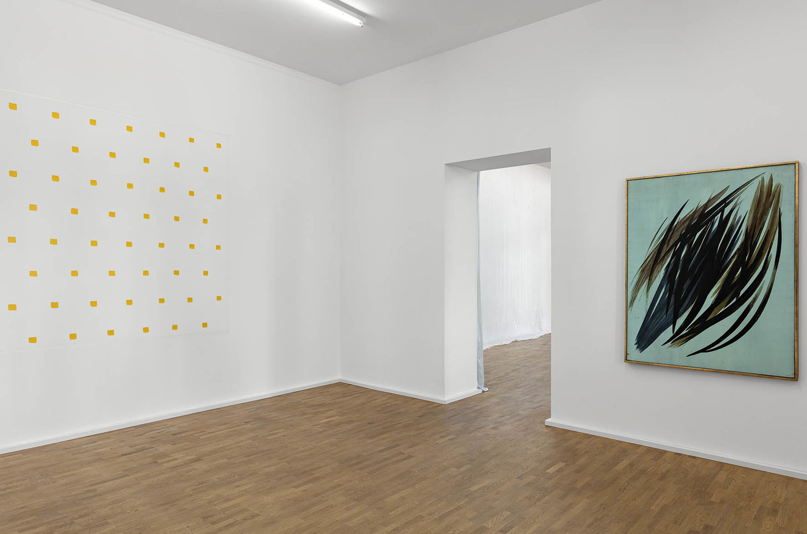<p>Our Present, Exhibition view, MGKSiegen, Work by Niele Toroni, Falsches Bild. Wahre Malerei. Pinselabdrücke Nr. 50 in regelmäßigen Abständen von 30 cm, 2017, Courtesy the artist, Work by Hans Hartung, T1957-7, 1957, © 2020 VG Bild-Kunst, Bonn 2020, Photo: Philipp Ottendörfer</p>
<p> </p>